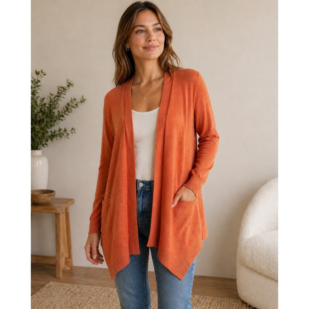 Eileen Fisher Cardigan Womens Med Orange 100% Wool Quiet Luxury Old Money Career